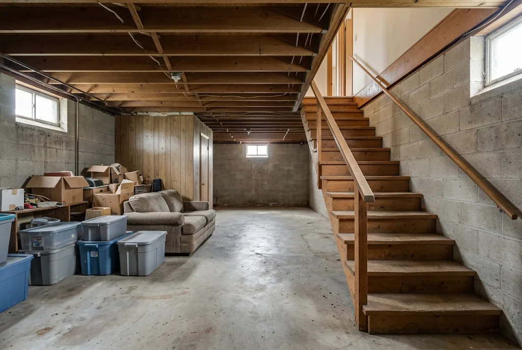 AI-generated illustration of boxes and a sofa in an unfinished basement beside a full flight of stairs