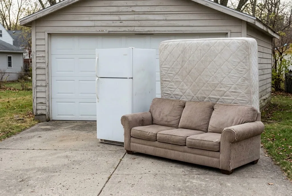 AI-generated illustration of a sofa, refrigerator and upright mattress awaiting pickup on a driveway