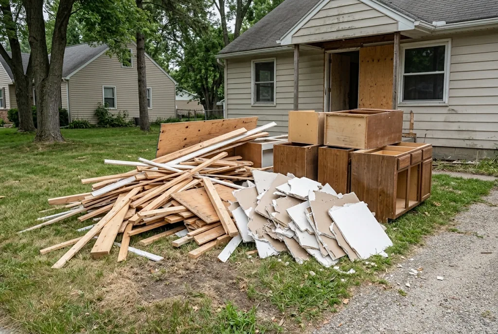 AI-generated illustration of lumber, drywall pieces and old cabinets outside a house