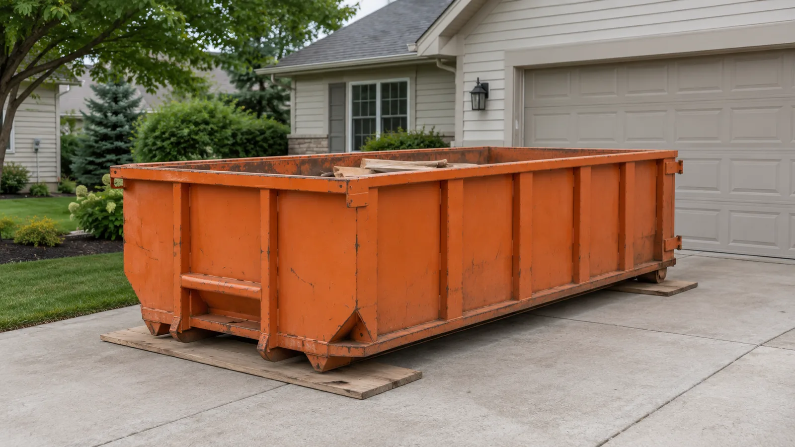 AI-generated illustration of an orange roll-off dumpster resting on wooden protection boards in a residential driveway