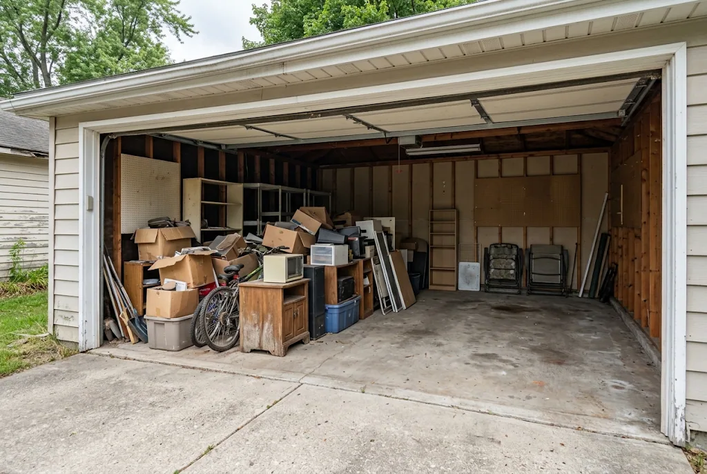 AI-generated illustration of boxes, shelving and unwanted household items in an open garage