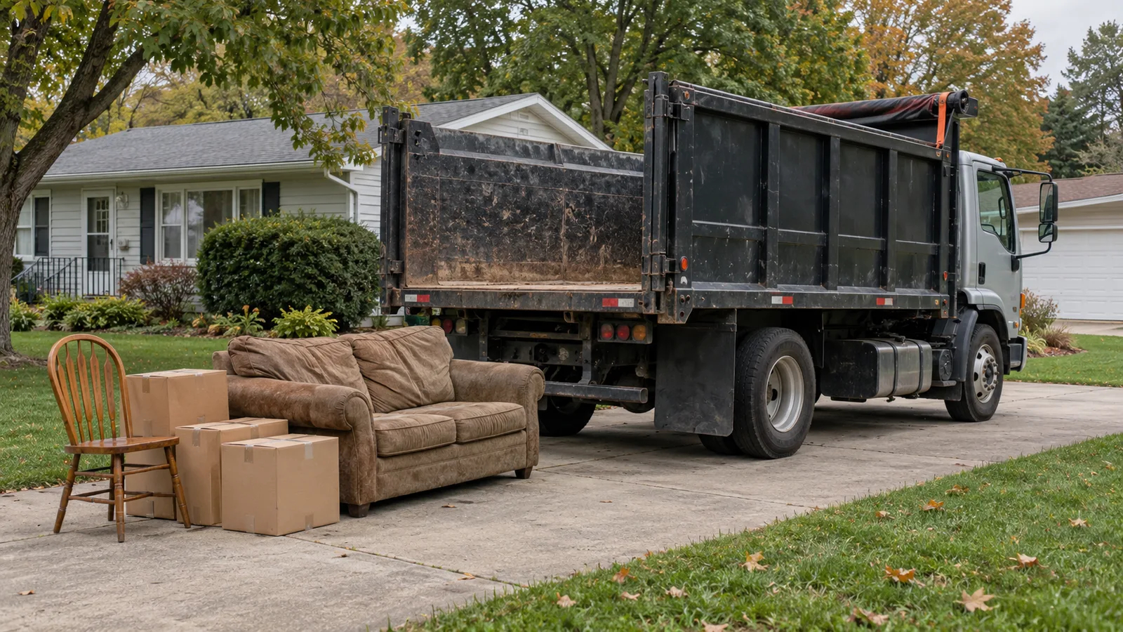 AI-generated illustration of an unbranded hauling truck beside furniture and boxes on a residential driveway