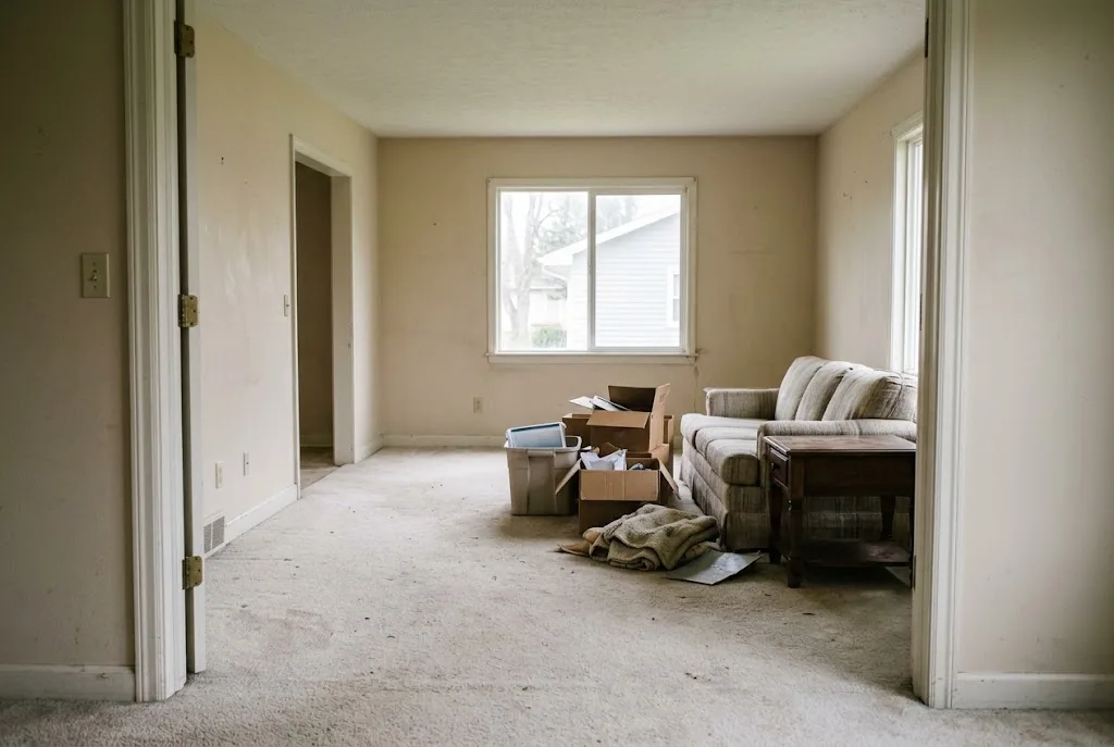 AI-generated illustration of a worn sofa, small table and boxes remaining in a vacant rental room